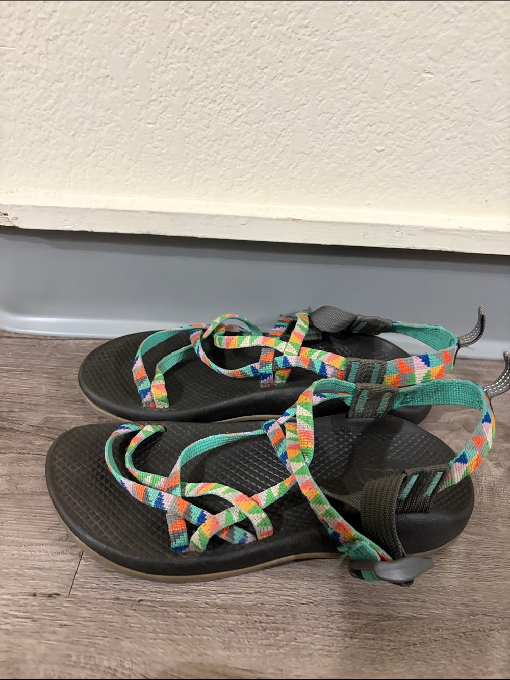 Chaco Multicolor Geometric Strap Sport Sandals with Black Footbed